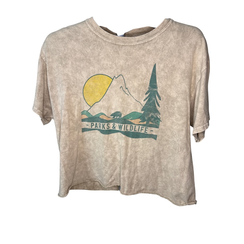 Fifth Sun Parks & Wildlife Graphic Tee Acid Wash Tan Cotton Crop Top Large